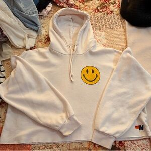 Aviator Nation Cream Hoodie with Yellow Smiley Graphic